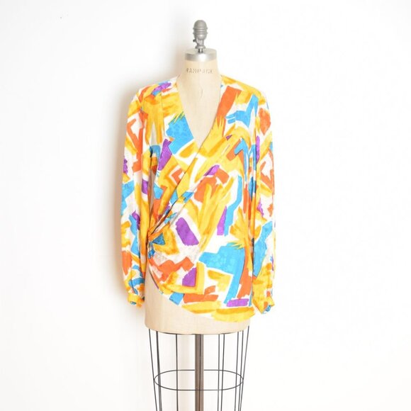Argenti Tops - vintage 80s silk wrap blouse top shirt white yellow brush stroke print Argenti L
